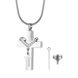 JewelryWe Kreuz Urnen Halskette für Asche: Silber Edelstahl Zirkonia Memorial Pet Urn Kreuz Anhänger mit Schlangenkette Andenken Kette Feuerbestattung Schmuck für Herren Damen von JewelryWe