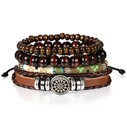 JewelryWe Lederarmband Herren Damen WICKELARMBAND: Retro Sonnenblume Kugel Perlenarmband Mehrschichtig Leder Seil geflochten Armband Armreif Surfer Surferarmband Verstellbare Größe Braun von JewelryWe