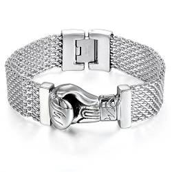 JewelryWe Mesh Armband Herren Boxhandschuh: Edelstahl Boxhandschuhe Mesh Kette Armreif Armkette Biker Punk Geschenk für Männer Silber von JewelryWe