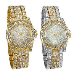 JewelryWe Muttertagsgeschenk 2pcs Damenuhr Elegant Damen Armbanduhr mit Strass Glitzer Dial Metallarmband Analog Quarz Uhr für Frauen Mädchen Gold Silber von JewelryWe
