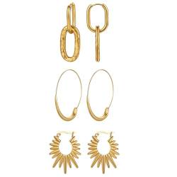 JewelryWe Ohrringe Damen Gold Creolen: 3 Paar Edelstahl Sonne Büroklammer Ovale Huggie Creolen mit Anhänger Geometrische Hängende Ohrringe Geschenk für Frauen Mädchen von JewelryWe