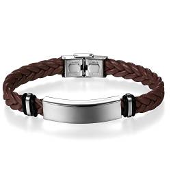 JewelryWe Personalisierte Schmuck Herren Damen Geflochten Leder Armband Armreif mit Edelstahl-Schild Lederarmband braun Gravur von JewelryWe