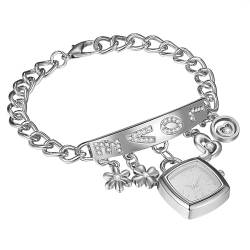 JewelryWe Quadratische Uhren Damen Metallarmband: Silber Glitzer Strass Love Herz Blumen Blütenblätter Damenuhr Analog Quarz Armbanduhr Frauen Panzerkette Armband Armkette Freizeit Uhr von JewelryWe