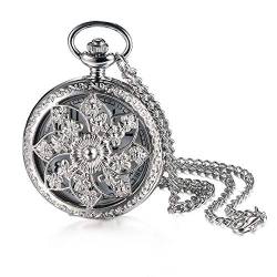 JewelryWe Retro Kamelie Blume Taschenuhr Damen Unisex Analog Quarz Uhr mit Halskette Kette Pocket Watch Geschenk Silber von JewelryWe