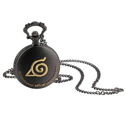 JewelryWe Retro Taschenuhr Herren Vintage Naruto Konohagakure Symbol Römische Ziffern Skala Analog Quarz Uhr mit Halskette Kette Kettenuhr Unisex schwarz von JewelryWe