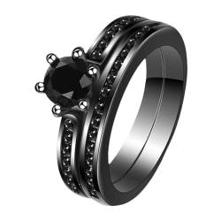 JewelryWe Ring Damen Edelstahl Solitärring: 2in1 Damen-Ring Schwarz Stapelringe mit Rundem Zirkonia Frauen Verlobungsring Ehering Versprechensring Bandring Hochzeit Band mit Gravur Größe 52 von JewelryWe