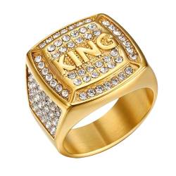 JewelryWe Ring Herren Zirkonia Siegelring: Gold Edelstahl Herren-Ring mit Buchstaben KING und Glitzer Zirkonia Männer Hip Hop Punk Bandring Siegelringe Biker Band mit Gravur Größe 57 von JewelryWe