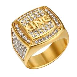 JewelryWe Ring Herren Zirkonia Siegelring: Gold Edelstahl Herren-Ring mit Buchstaben KING und Glitzer Zirkonia Männer Hip Hop Punk Bandring Siegelringe Biker Band mit Gravur Größe 65 von JewelryWe