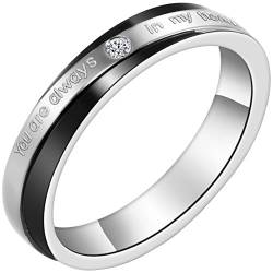 JewelryWe Ringe Damen Edelstahl Strass: 4mm Breite Damen-Ring mit Gravur You Are Always In My Heart Frauen Band Ring für Engagement Versprechen Verlobung Hochzeit Schwarz Silber Größe 52 von JewelryWe