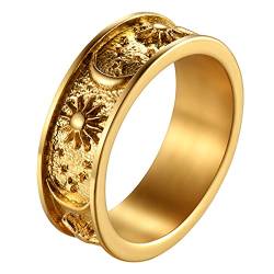 JewelryWe Ringe Herren Damen Edelstahl: Herren-Ring Damen-Ring Sonne Stern Mond Verlobungsring Hochzeitring Boho Band Ring mit Gravur Geschenk für Männer Frauen Gold 8mm Größe 65 von JewelryWe