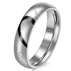 JewelryWe Ringe Herren Herz Edelstahl: Herren-Ring Semi Herz Partnerringe Freundschaftsringe Verlobung Hochzeit Band Männer Ring mit Gravur Schwarz Silber Größe 51 - mit Geschenk Tüte von JewelryWe