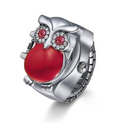 JewelryWe Ringuhr Fingeruhr Damen Analog Quarz Uhr Elastisch Ring Edelstahl Eule Deko Uhr Uhrenring Weiß Schwarz Rot von JewelryWe