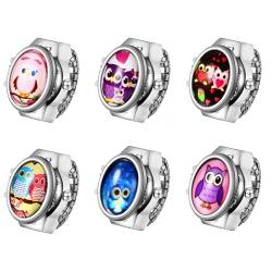 JewelryWe Ringuhr Fingeruhr Damen Elastisch: 6pcs Cartoon Eule Analog Quarz Fingerringuhr Ring Uhr Uhrenring mit Edelstahl Elastisch Band von JewelryWe