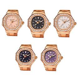 JewelryWe Ringuhr Fingeruhr Damen Uhren - 5pcs Rosegold Quadrat Quarz Analoge Verstellbar Metall Ring Uhr Frauen Glitzer Strass Fingerringuhr Uhrenring mit Rechteckigem Zifferblatt, 5 Farben Set von JewelryWe