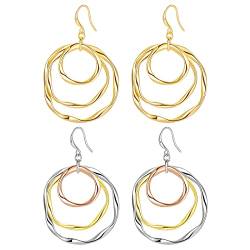 JewelryWe Schmuck 2 Paare Ohrringe Damen Vergoldet Geometrisch Rund Dreifach Kreise Statement Ohrringe Baumeln Ohrhänger Geschenk für Frauen Mädchen von JewelryWe