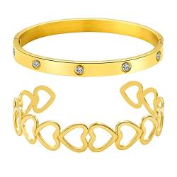 JewelryWe Schmuck 2 Stück Damen Armband Edelstahl Zirkonia Herz Liebe Offen Armreif Handgelenk Manschette Armspange Gold von JewelryWe