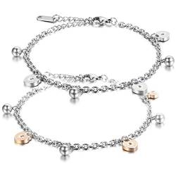 JewelryWe Schmuck 2pcs Damen Armband Fußkette, Liebe Herz Glöckchen Charm Fußkettchen, Edelstahl, Silber Rose Gold von JewelryWe