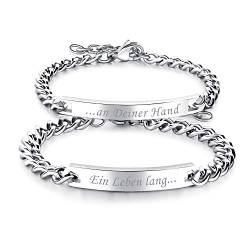 JewelryWe Schmuck 2pcs Edelstahl Partnerarmband, Lieben Freudschaftsarmband Geschenk, Panzerarmband Panzerkette Armband Pärchen Armreifen mit Gravur EIN Leben Lang und an Deiner Hand für Herren Damen von JewelryWe