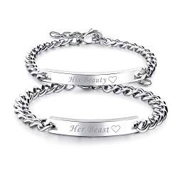 JewelryWe Schmuck 2pcs Edelstahl Partnerarmband, Lieben Freudschaftsarmband Geschenk, Panzerarmband Panzerkette Armband Pärchen Armreifen mit Gravur His Beauty und Her Beast für Herren Damen von JewelryWe