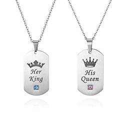 JewelryWe Schmuck 2pcs Freundschaftsketten Edelstahl Zirkonia Partner-Anhänger Partnerketten mit His Queen Her King Dog Tag Anhänger Paare Halskette Kette mit Gravur für Damen Herren Silber von JewelryWe