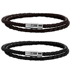 JewelryWe Schmuck 2pcs Herren Armband, Einfach Geflochten Lederarmband Armreif, Leder Edelstahl, Magnetverschluss, Schwarz Braun Silber, 7.5 Zoll von JewelryWe