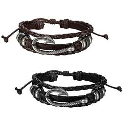 JewelryWe Schmuck 2pcs Herren Damen Armband, Retro Einzigartig Angelhaken Haken Design Geflochten Armreif, Leder Echtleder Legierung, Schwarz Braun Silber, Verstellbar Passend für 21~27cm von JewelryWe