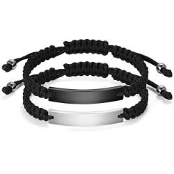 JewelryWe Schmuck 2pcs Pärchen Armband Lederarmband, Hochglanz Poliert Edelstahl Leder Seil geflochten Partnerarmband Freundschaftsarmband Paar Armreifen Verstellbar, Schwarz Silber von JewelryWe