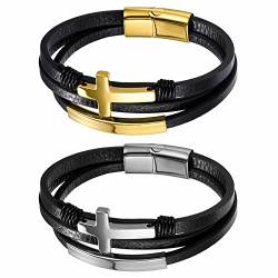 JewelryWe Schmuck 2pcs Personalisierte Armband Herren Lederarmband Gravur Retro Kreuz Handgefertigt Leder Geflochten Mehrreihig Armreif Manschette mit Edelstahl Magnetverschluss, Schwarz Gold Silber von JewelryWe