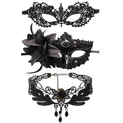 JewelryWe Schmuck 3 PCS Maske Halskette Set Schwarz Sexy Paar Venezianische Spitze Augenmaske Gothic Lilie Blume Choker Kette Halsband Damen Maskerade Kostüm für Halloween Karneval Party Cosplay von JewelryWe