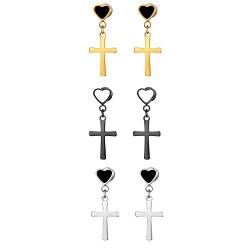 JewelryWe Schmuck 3 Paar Herren Damen Ohrringe Edelstahl Herz Fakeplug Fake Plug Ohrstecker Ohr-Piercing Ohrhänger mit Kreuz Anhänger Silber Gold Schwarz von JewelryWe