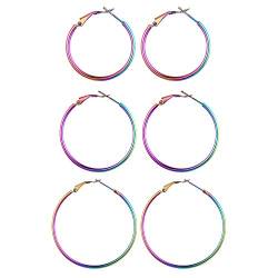 JewelryWe Schmuck 3 Paare Creolen Damen Edelstahl Hochglanz Poliert Große Ring Ohrringe Ohrhänger Ohrstecker Ohr-Piercings für Frauen Mädchen Bunt Mehrfarbig - Durchmesser: 30 40 45 mm von JewelryWe