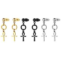 JewelryWe Schmuck 3 Paare Damen Ohrstecker mit Ägyptischen Ankh Kreuz & Kreis Anhänger Edelstahl Baumeln Ohrringe für Herren Geschenk von JewelryWe