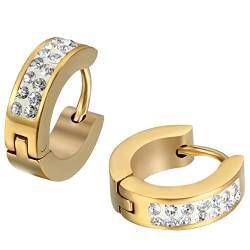 JewelryWe Schmuck 3 Paare Herren Damen Ohrringe, Edelstahl Strass Poliert Creolen Ohrstecker, Rot Gold Silber von JewelryWe