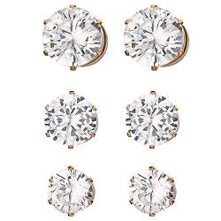 JewelryWe Schmuck 3 Paare Set Magnet Ohrringe für Herren Damen, Edelstahl Rund Zirkonia Magnetische Ohrstecker Fake Plug Tunnel Ohrclip Non-piercing Clips Ohne Ohrloch Gold 6-8mm von JewelryWe