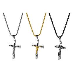 JewelryWe Schmuck 3PCS Herren Kreuz Halskette mit Edelstahl INRI Kruzifix Jesus Christus Anhänger & Weizenkette Gold Silber Schwarz Vatertag Geschenk von JewelryWe