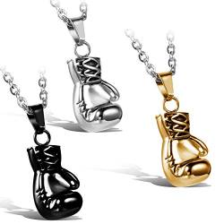 JewelryWe Schmuck 3pcs Edelstahl Herrschsüchtige Boxhandschuhe Männer Anhänger mit Halskette, Herren Ketten, Silber Schwarz Gold, mit Geschenk Tüte von JewelryWe