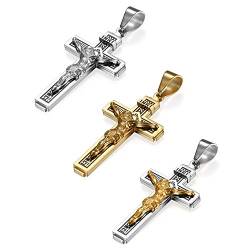 JewelryWe Schmuck 3pcs Herren Halskette Katholische Jesus Christus auf INRI Kreuz Kruzifix Edelstahl Anhänger mit 22 Zoll Kette Gold/Silber von JewelryWe