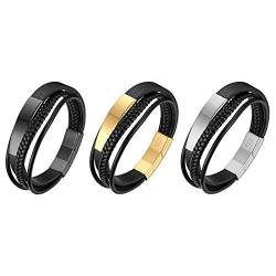 JewelryWe Schmuck 3pcs Herren Lederarmband, Handgemacht Geflochten Mehrreihiges Leder Armband Edelstahl Magnetverschluss Verstellbar Armreif Manschette, Silber Gold Schwarz von JewelryWe