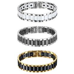 JewelryWe Schmuck 3pcs Herren Magnet Armband, Edelstahl Keramik, Fashion I Rechteck Link Magnetarmband Armreif, Silber Gold Schwarz Weiß von JewelryWe