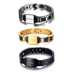 JewelryWe Schmuck 3pcs Personalisierte Herren Magnetarmband mit Gravur, Edelstahl Kohlenstoff Faser Kohlefaser Magnet Armband Armreif Armkette, Schwarz Gold Silber von JewelryWe