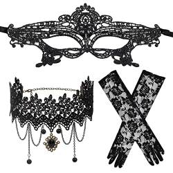 JewelryWe Schmuck 4 PCS Maske Halskette Handschuhe Set Schwarz Sexy Venezianische Spitze Augenmaske Choker Kette Halsband Fingerhandschuhe Damen Maskerade Kostüm für Halloween Karneval Party Cosplay von JewelryWe