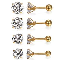 JewelryWe Schmuck 4 Paare Damen Ohrringe, Elegant Runde Zirkonia Edelstahl Ohrstecker Tragus Helix Ohr Piercing, Gold - Breite 3mm ~ 6mm von JewelryWe