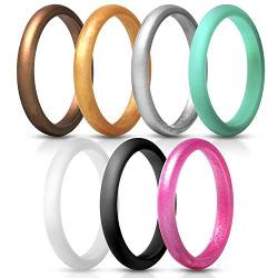 JewelryWe Schmuck 7 PCS Silikon Ehering für Frauen, 2.7mm Gummi Hochzeit Bands Gummibänder Ring für Sport und Outdoor, 7 Farben Set, Größe 49 von JewelryWe