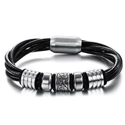 JewelryWe Schmuck Armband, Edelstahl Leder, Vintage Geflochten Armreif mit Magnet Verschluss, für Herren Damen, Schwarz Silber von JewelryWe