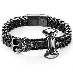 JewelryWe Schmuck Armband Herren Edelstahl Wikinger Biker Wolf Kopf Thors Hammer Franco Link Panzerkette Große Schwere Armkette Armreif, Silber von JewelryWe