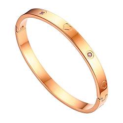 JewelryWe Schmuck Damen Armreif Edelstahl Zirkonia Herz Prägung Armband 6mm breit mit Schließe Armspange Gravur Länge 18cm Rosegold von JewelryWe