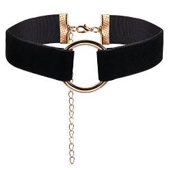 JewelryWe Schmuck Damen Choker Halskette mit O-Ring Anhänger Schwarz Stretch Samtleder Velvet Gothic Halsband Sexy Kette Handarbeit von JewelryWe