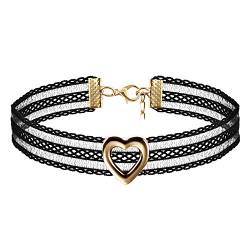 JewelryWe Schmuck Damen Choker Kette Kropfband Set schwarz mit Herz Anhänger Gold, Gothic Tattoo Stretch Samt Spitze Joker Halskette Halsband Lolita Sexy für Junge Frau und Mädel von JewelryWe