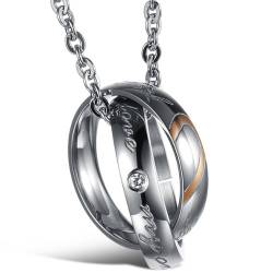 JewelryWe Schmuck Damen Edelstahl Halskette Kette mit zwei Ringen Real Love Herz Hochzeit Band von JewelryWe