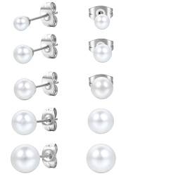 JewelryWe Schmuck Damen-Ohrringe, 4~8mm Edelstahl Imitation Perlen Gestüt Ohrstecker, Weiss Silber (5 Paar) von JewelryWe